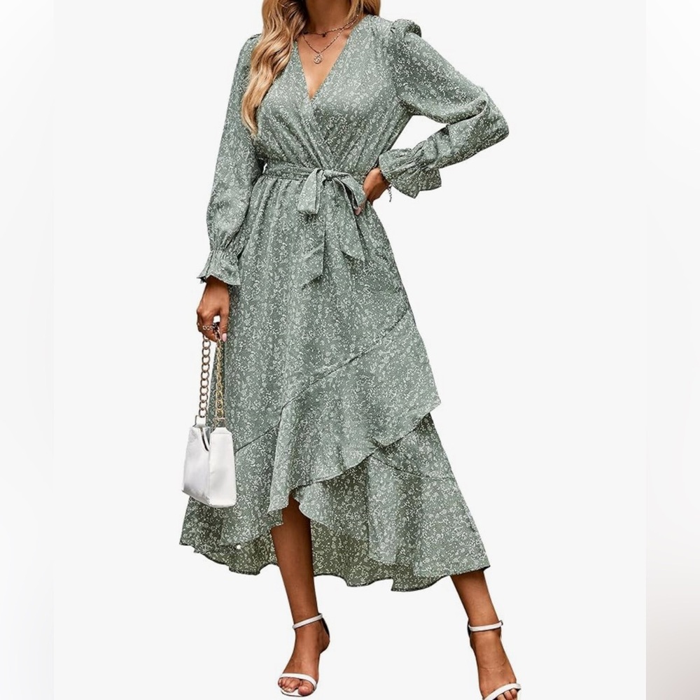 Sage Green Floral Wrap Midi Dress